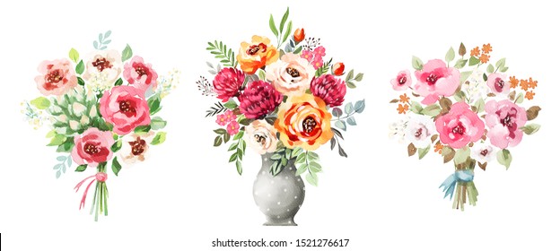 Watercolor bouquets set. Flowers, leaves, vase. Isolated on white background. Holiday, wedding design element