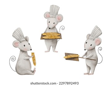 Watercolor boy mouse holding a freshly baked hot delicious bread isolated on background. Hand drawn bakery illustration . Cute mouse-baker eats a baguette, French baguettes - Powered by Shutterstock