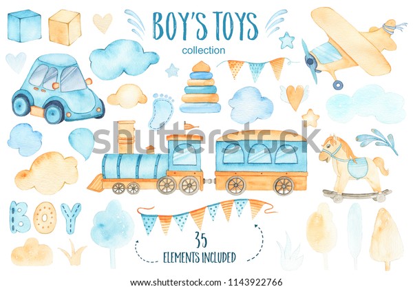 水彩少年おもちゃベビーシャワーセットには 車の飛行機の電車のガーランドと木の雲の角錐のハートが 白い背景に揺れる馬 誕生日の飾りのイラスト のイラスト素材