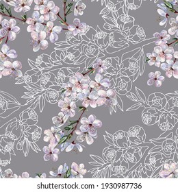 Watercolor branch flowers cherry with branch graphic sakura on gray background. Spring seamless pattern.