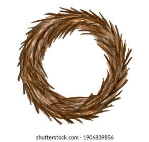 Watercolor branch round frame. Hand painted wreath with bare branches isolated on white background. Wooden twigs template for cards, winter and spring decoration, easter