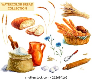 Watercolor Bread Collection Over White