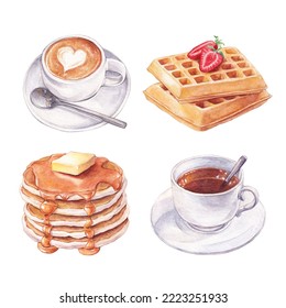 Watercolor breakfast set. Hand drawn cup of tea, latte coffee, pancakes with maple syrup and waffles on a white - Powered by Shutterstock