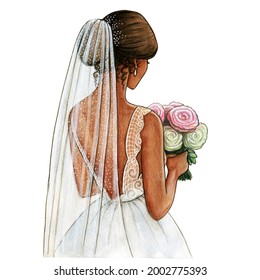 Watercolor Bride Illustration White Gown And Veil