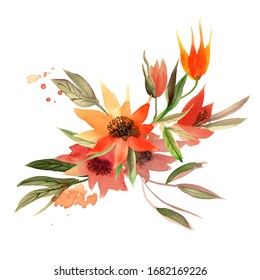 Watercolor Bright Orange Flowers. Hand Painted Illustration