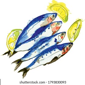 watercolor bright Sardines with lemons Sea food restaurant menu high resolution 300 dpi isolated on white background