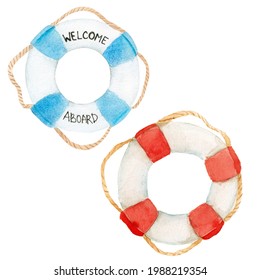 Watercolor bright set of two illustrations, two lifebuoys, a lifebuoy with red stripes, with blue stripes and an inscription. Elements are isolated on a white background and made by hand