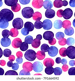 Watercolor Bright Spot Blob Seamless Pattern. Violet, Blue And Pink Color On White Background. Art Brush Abstract Painting. Hand Drawing Spots And Circles. Unusual And Teen Design