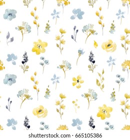 Watercolor bright summer pattern yellow and blue abstract flowers