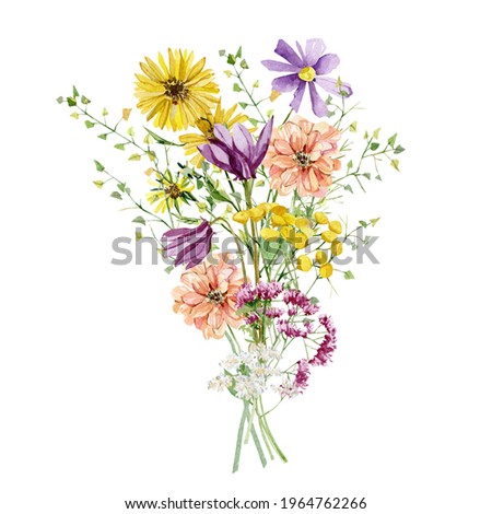 Similar – Image, Stock Photo A bunch of wildflowers in your hand. A bouquet woven from red poppies, blue cornflowers and daisies in full against the sky