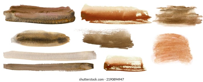 Watercolor Brown Brushstrokes. Hand-painted Watercolor Textures. Abstract Shapes In Natural Colours 