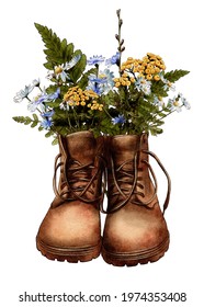Watercolor Brown Vintage boots with wildflowers, Hiking boots, Travel, Adventure. High quality