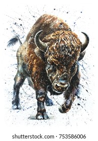 watercolor, buffalo, bison, animal, background, isolated, wild, illustration, nature, white, art, wildlife, animals, hand, texture, bull, exotic, tattoo, paint, mammal, west, painting, black, american