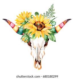 Watercolor bull skull head with multicolored horns, sunflowers,leaves,branches,fern leaves. Watercolor boho illustration.Perfect for wedding,invitation,template card,wallpapers,patterns and boho style