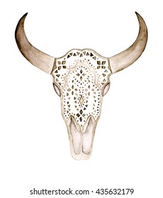 Watercolor bull's head. Boho style. Ornamental isolated skull on white background for wrapping, wallpaper, t-shirts, textile, posters, cards, prints