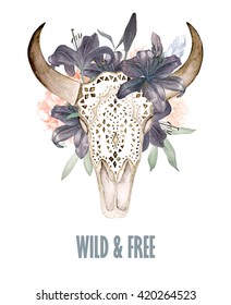 Watercolor bull's head with flowers and feathers. Boho style. Ornamental skull on black background for wrapping, wallpaper, t-shirts, textile, posters, cards, prints