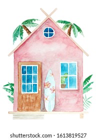 Watercolor bungalow cartoon illustration. Beach house