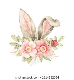 Watercolor bunny ears illustration  Rabbit and spring bouquet  Flowers blossom  willow   bunny ears  gentle rose  branches  green leaves  Perfect for invitations  greeting cards  posters