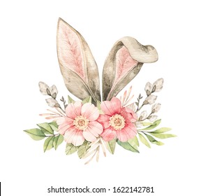 Watercolor bunny ears illustration. Rabbit with spring bouquet. Flowers blossom, willow and bunny ears, gentle rose, branches, green leaves. Perfect for invitations, greeting cards, posters