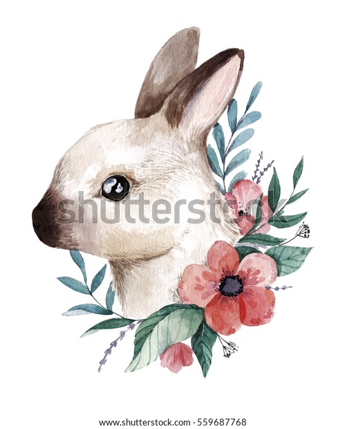 水彩バニーイラスト 花を持つかわいい小さなウサギ 手描きの絵 春のデザインに最適 のイラスト素材