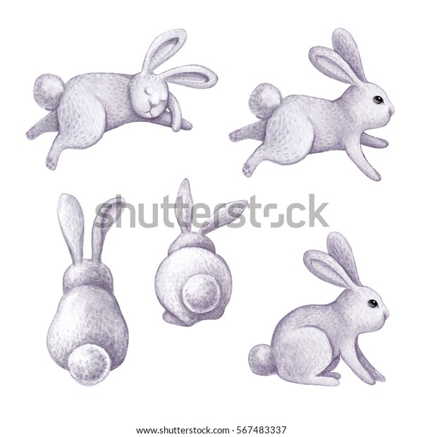 白い背景に水彩のバニーイラスト グレイのかわいいウサギ イースターバニーセット 子どものおもちゃ 動物のクリップアート のイラスト素材