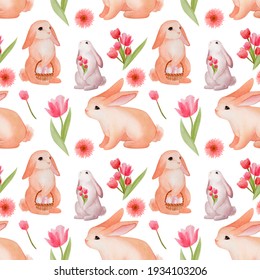 Watercolor Bunny And Leaves Seamless Pattern, Cute Rabbit Background, Little Animals, Spring Bunny Pattern, Baby Digital Paper, Nursery Wallpaper, Woodland Animals Wallpaper, Kids Textile Pattern