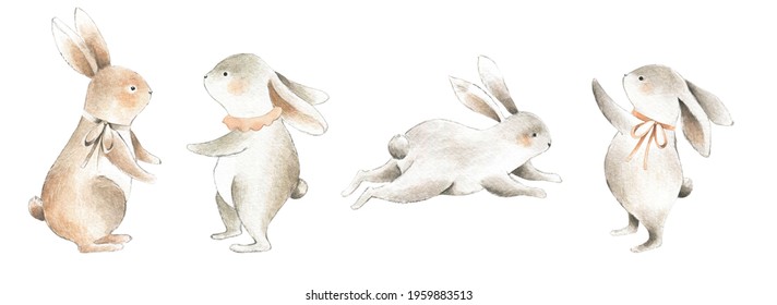 Watercolor bunny spring Easter for baby nursery rabbit hopping cute illustration