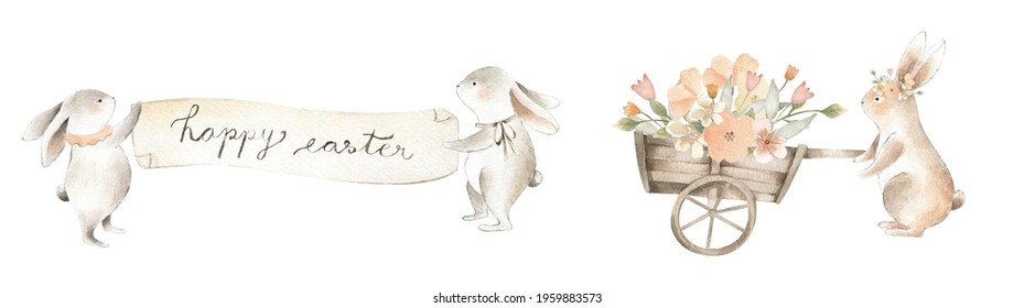 Watercolor Bunny Spring Easter For Baby Nursery Rabbit Hopping Cute Illustration With Flowers