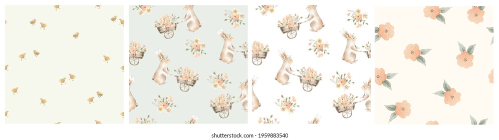Watercolor bunny spring Easter seamless pattern tile for baby nursery rabbit hopping  cute illustration and flowers in pastel colors