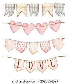 Watercolor Bunting Tag Clipart Set.Valentine's Day,romantic Wedding.Pink, Gray And Beige Garland Flag In Vintage Style,Birthday Party,bridal, Wedding Pennant