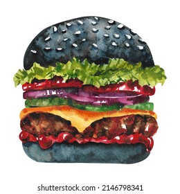 Watercolor Burger. Classic Black Burger.