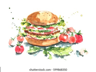 Watercolor Burger With Fresh Tomatoes.