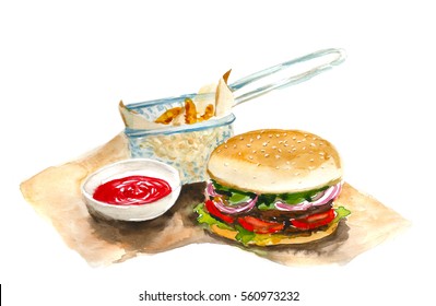 Watercolor Burger With Potato Fries And Ketchup