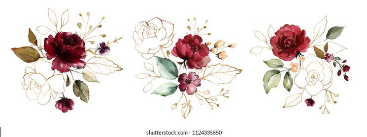  watercolor burgundy flowers. floral illustration, Leaf and buds. Botanic composition for wedding, greeting card.  branch of flowers - abstraction roses