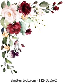  watercolor burgundy flowers. floral illustration, Leaf and buds. Botanic composition for wedding, greeting card.  branch of flowers - abstraction roses