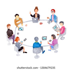 Watercolor Business People Meeting On White Background.