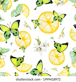 Watercolor Butterflies Seamless Pattern. Butterflies And Lemons Pattern. Butterfly Clipart For Fabric Pattern Or Scrapbook Paper