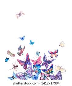 Watercolor butterflies vintage card, Colorful nature abstract illustration isolated on white background. Ultraviolet butterfly.