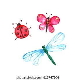 Watercolor Butterfly, Dragonfly And Lady Bug Isolated On White Background. Hand Painted Clip Art