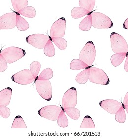 Watercolor Butterfly Seamless Pattern On White Background