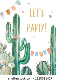 Watercolor Cactus Party Invitation Card In Boho Chic Style. Hand Drawn Greeting Design With Flag Garlands And Desert Plants On White Background. Illustration Of Various Cacti