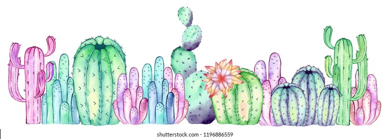 Watercolor Cactus, Succulent Border Isolated On White Background
