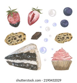 Watercolor Cake And Cupcake Set Clipart Strawberries Blueberries Berries Chocolate Cake Sweet Fragrant Delicious Confectionery Cooking Festive Bake Pastries