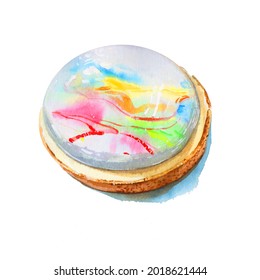 Watercolor Cake With Rainbow Colors Of Glaze, Colorful Topping, Cream And Tartlet. Pastry And Bakery. Food Raster Illustration In Realistic Style. Cookbook Art.