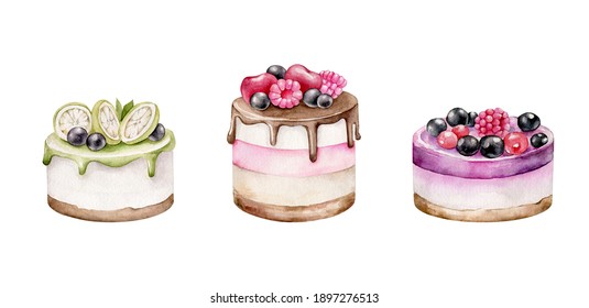 Watercolor cakes collection.Decorated cake.Desserts isolated on white background - Powered by Shutterstock