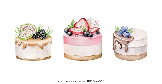 Watercolor cakes set.Decorated desserts isolated on white background