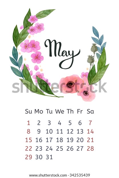 Watercolor Calendar Floral Wreath Hand Lettering Stock Illustration ...