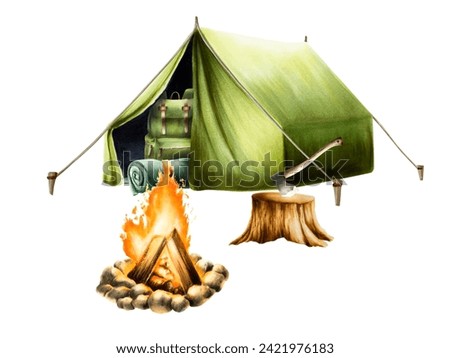 Watercolor campfire, camping axe in wooden stump and hiking and camping backpack, rolled up blanket and sleeping bag in green camping tent illlustration. Mountin equipment for recreation tourism and a