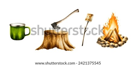 Watercolor camping axe in wooden stump, campfire and roasted marshmallow, metal green cup illlustrations. Mountin equipment for recreation tourism and adverture isolated on white background. Clip art 
