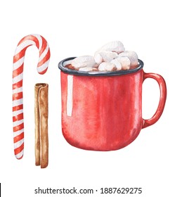 Watercolor Candy Canes In Red Cup With Hot Cocoa Drink. Watercolour Food Illustration.